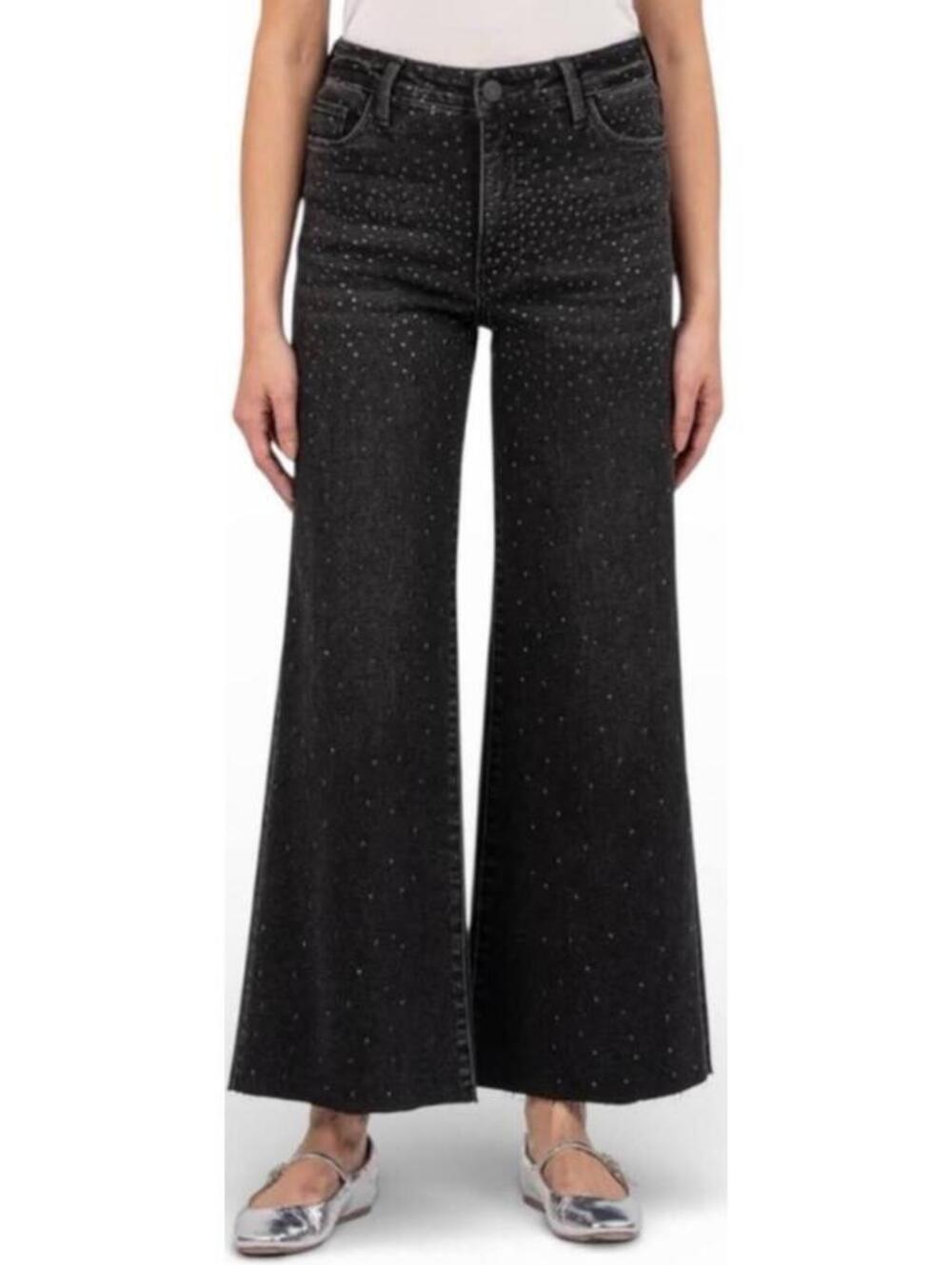 KUT From The Kloth Meg high-rise wide-leg raw-hem black embellished jeans Size 6